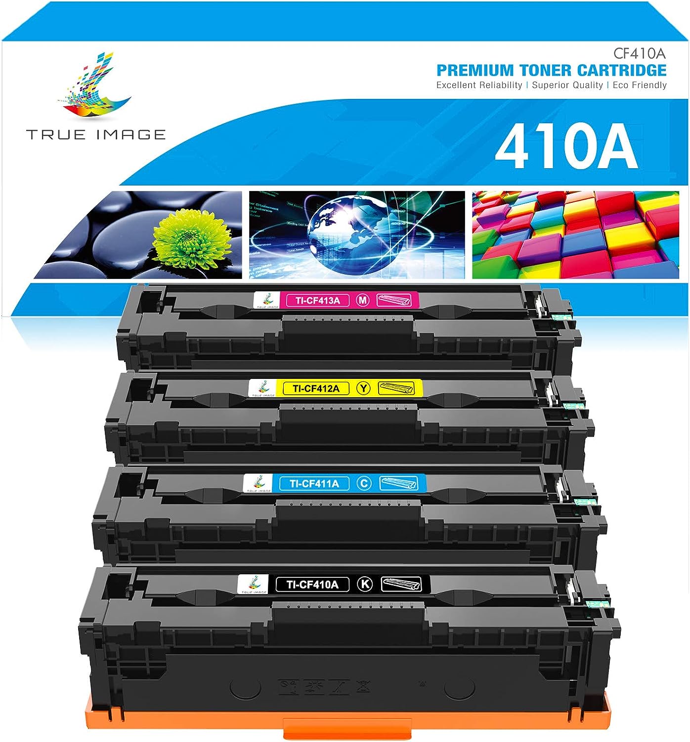 TRUE IMAGE Compatible Toner Cartridge Replacement for HP 410A 410X M477fnw CF410A CF411A CF412A CF413A Color Pro MFP M477fnw M477fdw M477fdn M452dn M452nw Printer (Black Cyan Yellow Magenta, 4-Pack) GBBSAM3456