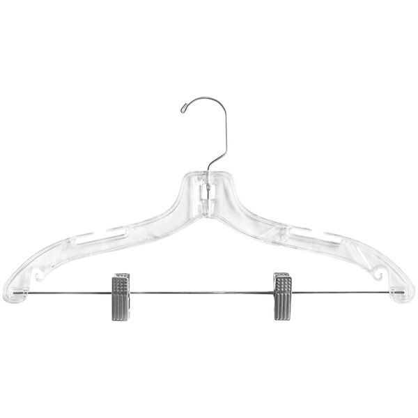Deja Vu 17" Clear Plastic Suit Hanger with Chrome Clips and Hook - 100/Pack DVSWEB17