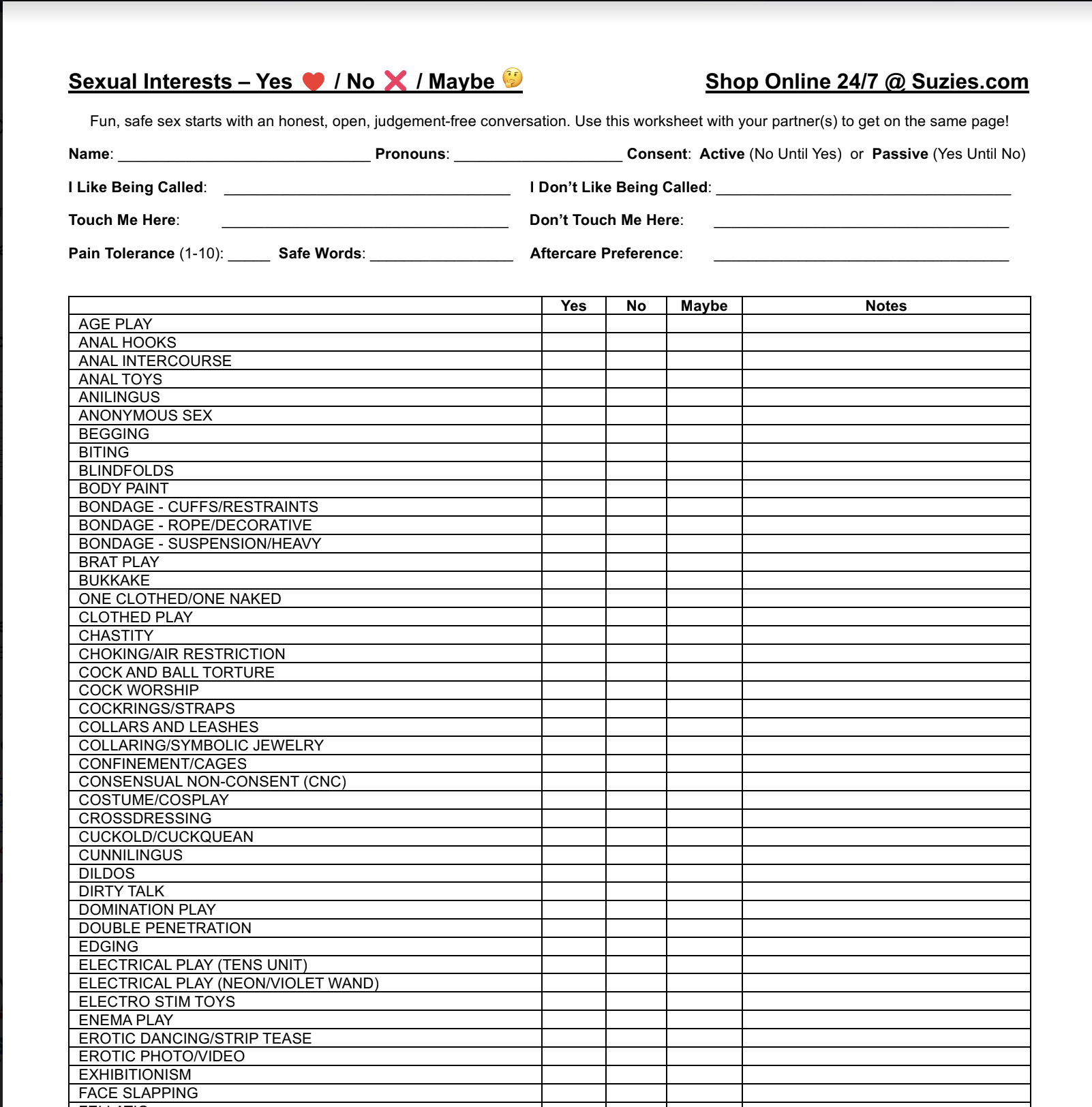 Suzie.com Yes/No/Maybe GBBYESNO